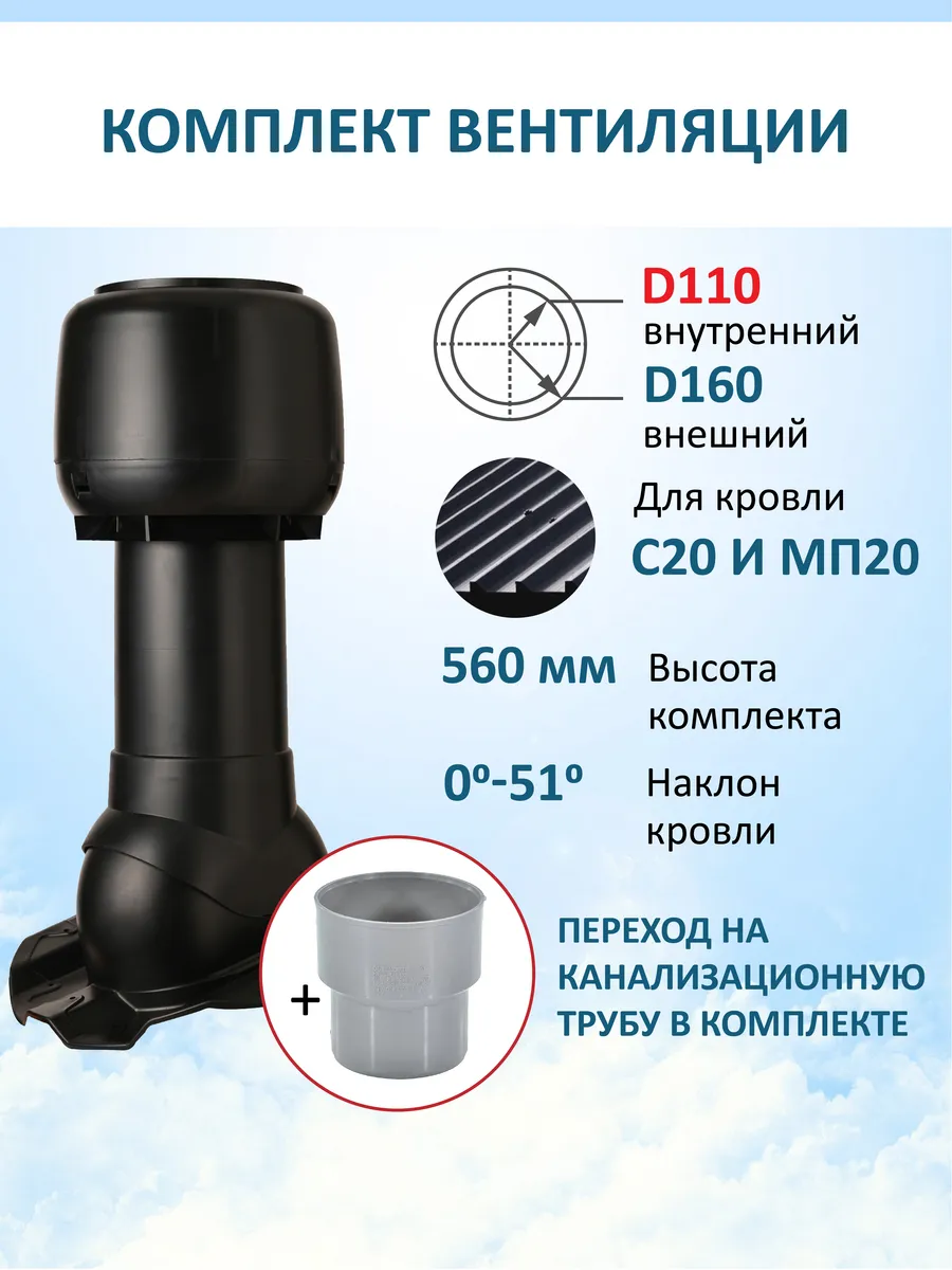 Колпак D160, вент.выход 110/160 Н-500, для профнастила 20мм