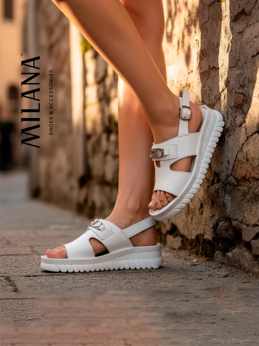 MILANA Босоножки кожаные с пряжкой на платформе, белый, фото 2