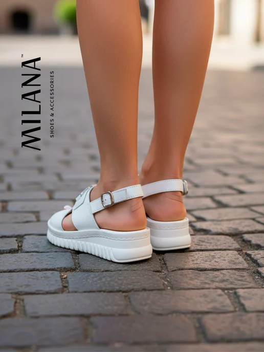 MILANA Босоножки кожаные с пряжкой на платформе, белый, фото 4