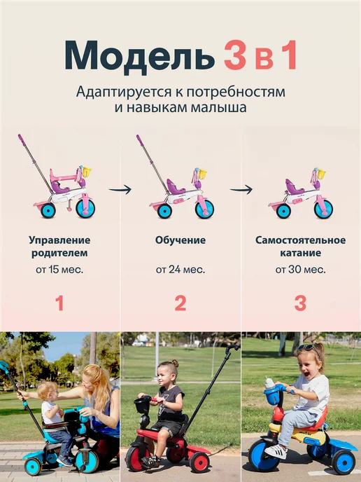 SmarTrike Велосипед детский трехколесный с ручкой Breeze S, розовый, фото 2