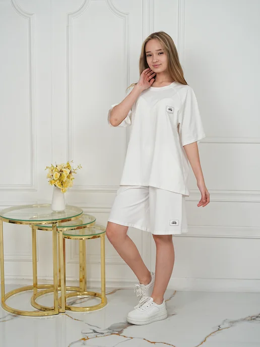 FASHION Летний костюм с шортами и футболкой комплект, белый, фото 2
