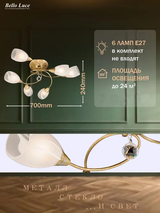 Нет бренда Люстра потолочная никель с матовыми плафонами на 6 ламп E27, желтый, фото 2