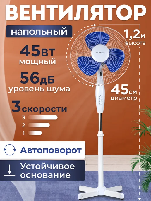 MilWorks Вентилятор напольный для дома, синий