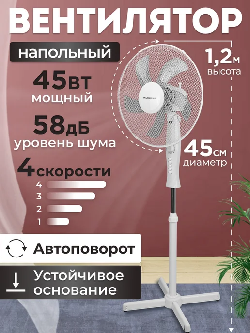 MilWorks Вентилятор напольный для дома, белый