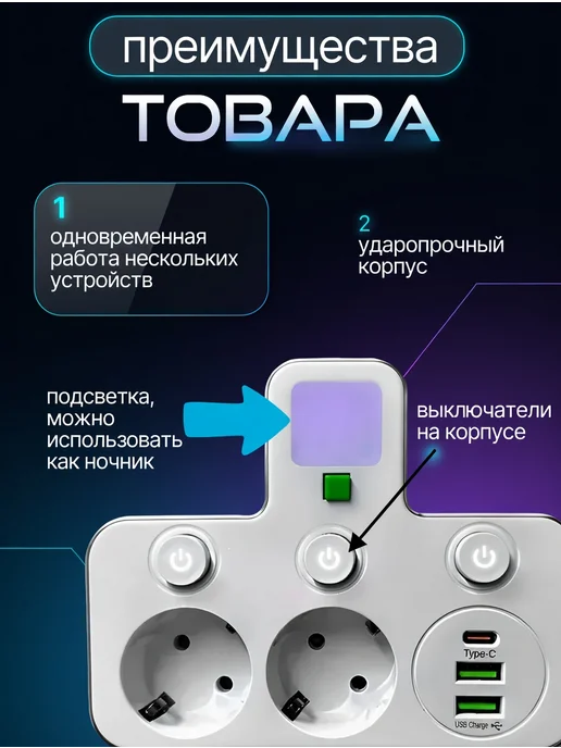 HALUMIX Сетевой разветвитель двойник с Type-C, белый, фото 3
