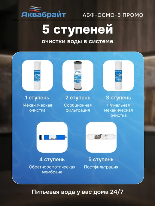 Аквабрайт Фильтр для воды под мойку система обратного осмоса 5ступеней, белый, фото 3