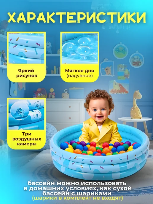 Бассейн детский надувной для купания дачи дома круглый, голубой, фото 3