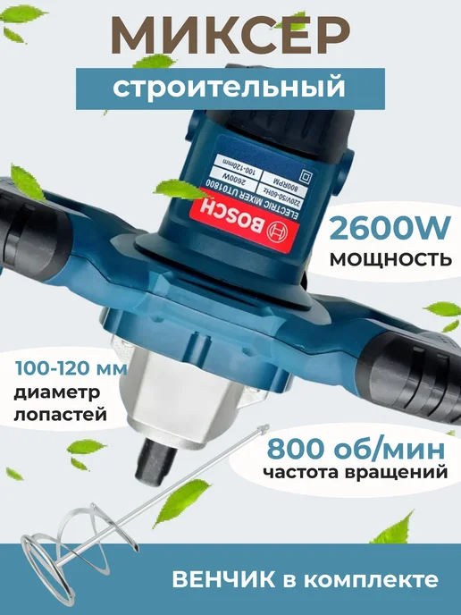 Миксер строительный электрический с насадкой, синий