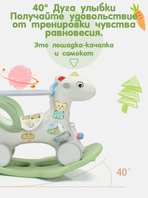 Качалка беговел лошадка единорог музыкальный, зеленый, фото 2