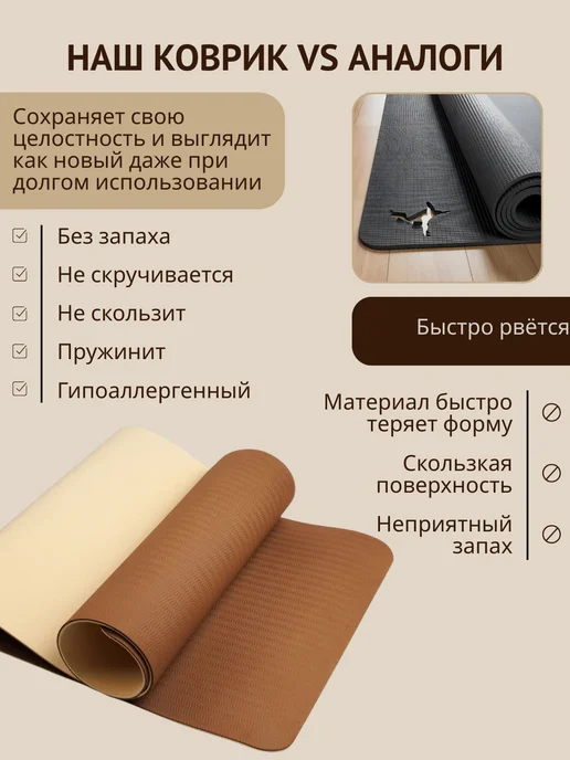 Спортивный коврик для йоги и фитнеса нескользящий, бежевый, фото 5