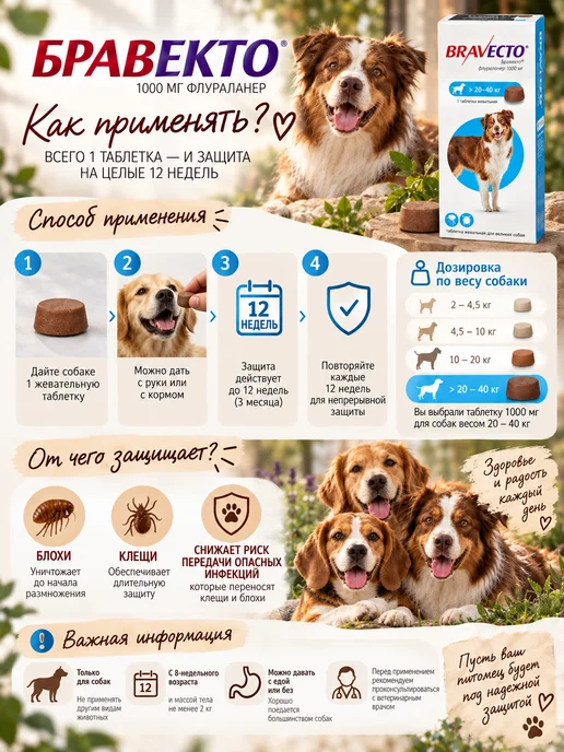 бравекто Таблетка для собак от блох и клещей 20 - 40 кг. Срок до 02.2…, 40 кг, фото 2