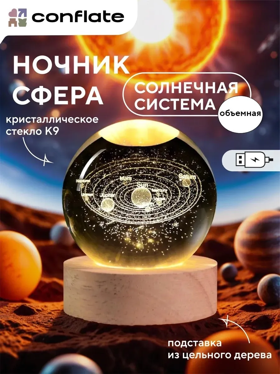 Ночник настольный сфера 3D Солнечная система от USB