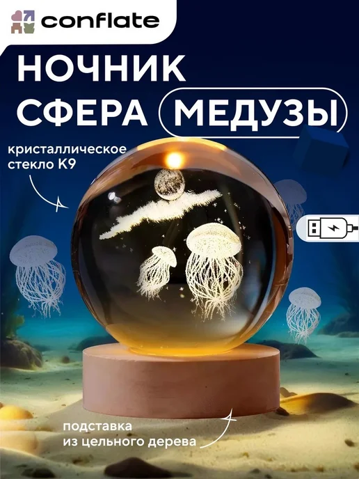Conflate Ночник настольный шар 3д от USB, белый