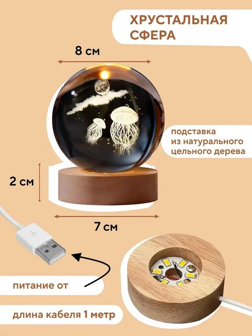 Conflate Ночник настольный шар 3д от USB, белый, фото 3