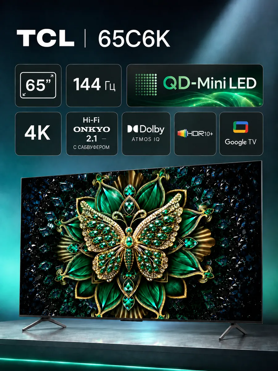 TCL Телевизор 65 дюймов 65C6K 144 Гц MiniLED HDR10+ Dolby Vision
